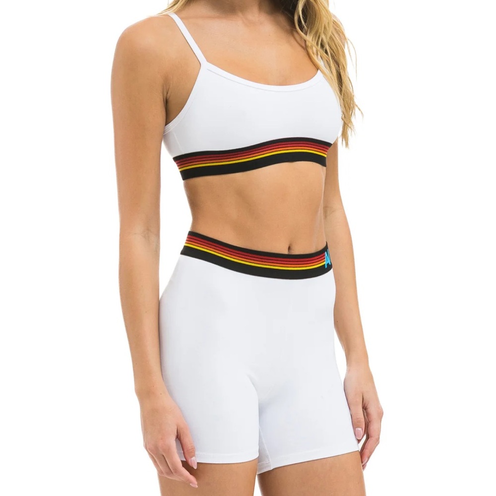 Aviator Nation 4 logo rainbow stripe set, elastic bra+biker shorts, white-size S - Picture 4 of 16
